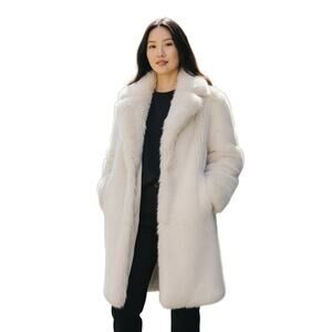 New Collection Solid Lapel Furry Coat Size Large Beige Snap Buttons Closure